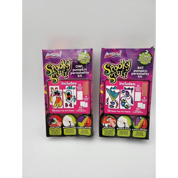 Set Of 2 Spooky Stuff No Mess Pumpkin Decorating Kits Bat & Owl - Picture 4 of 6